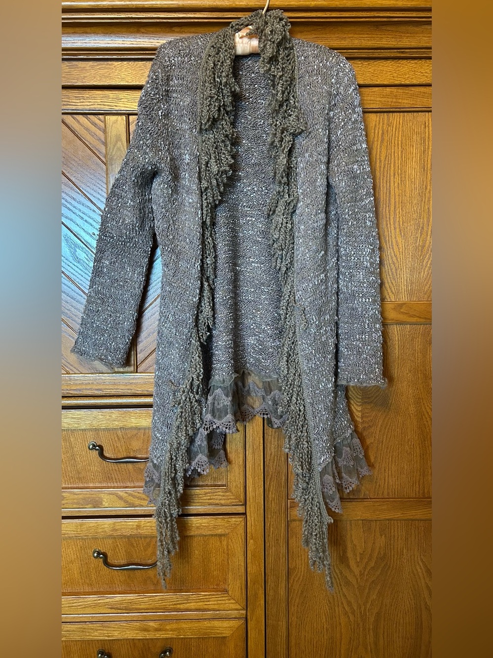Sioni brown Fringe Open-Front Cardigan with Lace Hem sz M